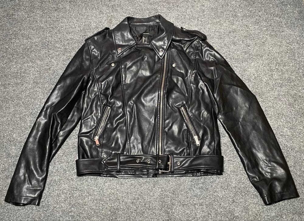 Forever 21 Motorcycle Biker Jacket Asymmetrical Black Faux-Leather Women’s- L